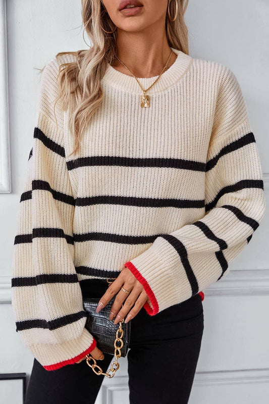 CWOSWL2804_CONTRAST STRIPE LONG SLEEVE PULLOVER KNIT SWEATER