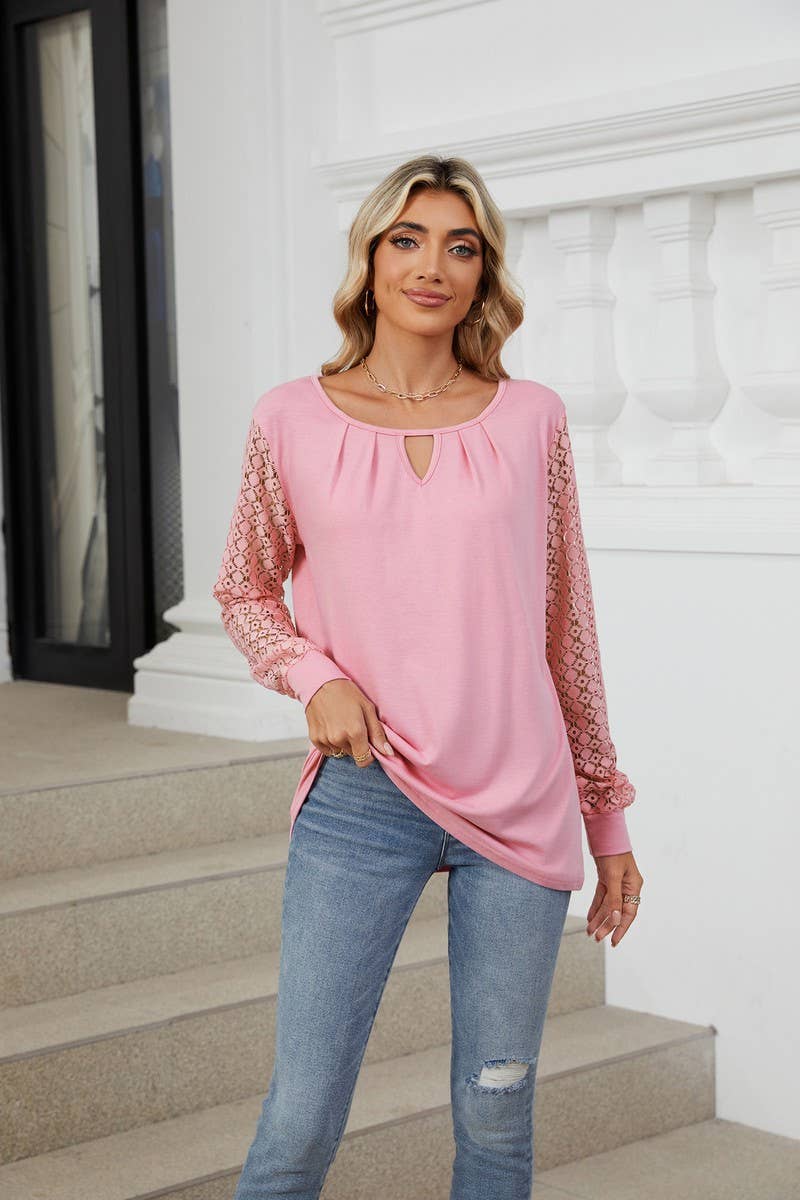 CWTBLL01309_CREW NECK LACE HOLLOW LONG SLEEVE CASUAL TEE