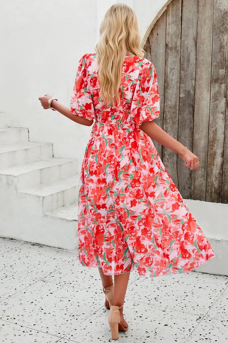 CWDMD0995_Deep V-Neck Short Sleeve Floral Print Midi Dresses