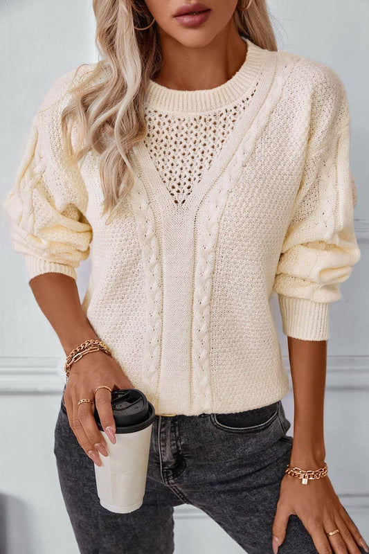 CWOSWL2881_SOLID COLOR HOLLOW VINTAGE TWIST KNIT SWEATER