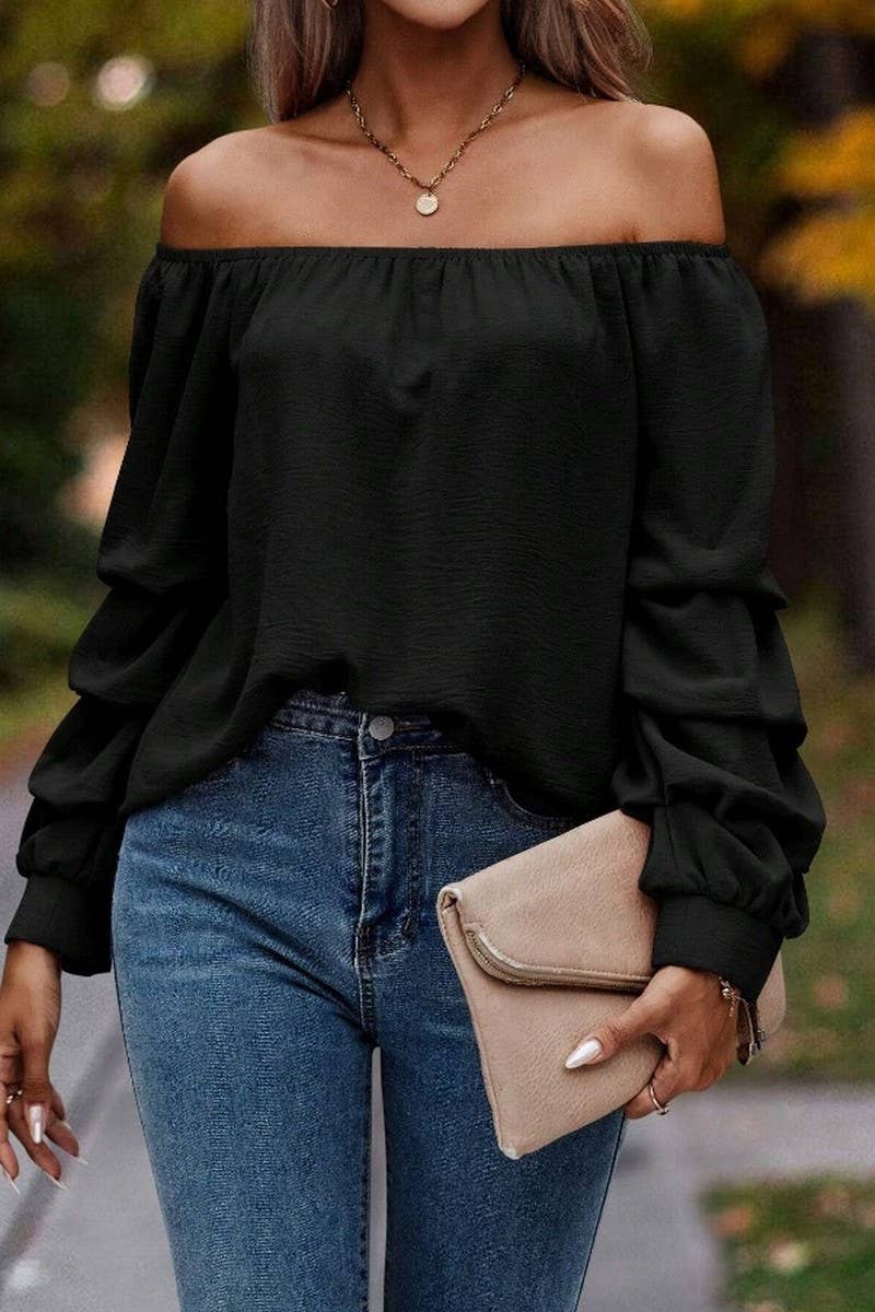 CWTBLL4006_SOLID OFF SHOULDER KNOT SLEEVE LONG SLEEVE SHIRT