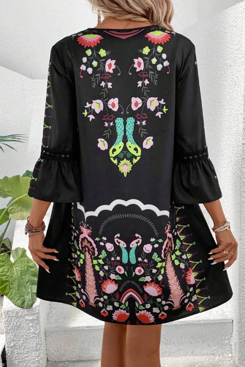 CWDSD4861_SUMMER CASUAL V-NECK LACE PATCHWORK PRINT DRESS