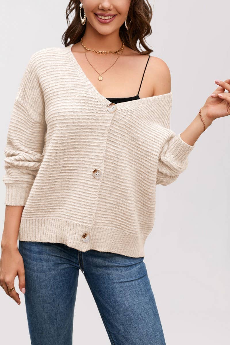CWOSWL6850_AUTUMN AND WINTER V-NECK CASUAL KNITTED JACKET