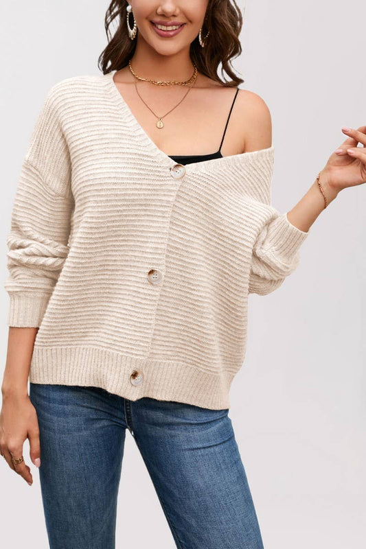 CWOSWL6850_AUTUMN AND WINTER V-NECK CASUAL KNITTED JACKET