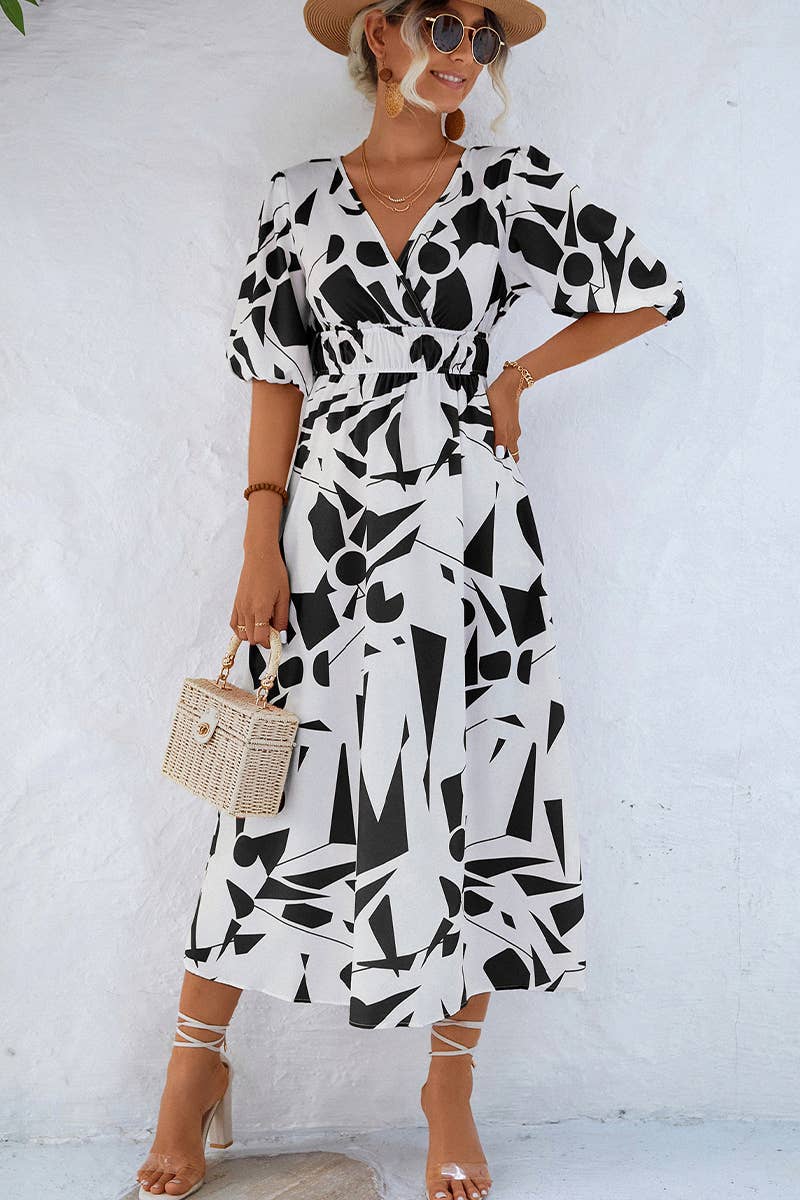 CWDTD0404_WOMEN'S V-NECK PUFF SLEEVE DRESS