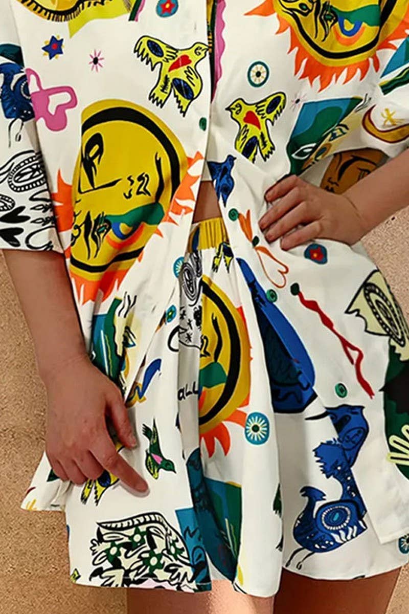 CWSS1119_CONTRAST COLOR CASUAL GRAFFITI PRINT TWO-PIECE