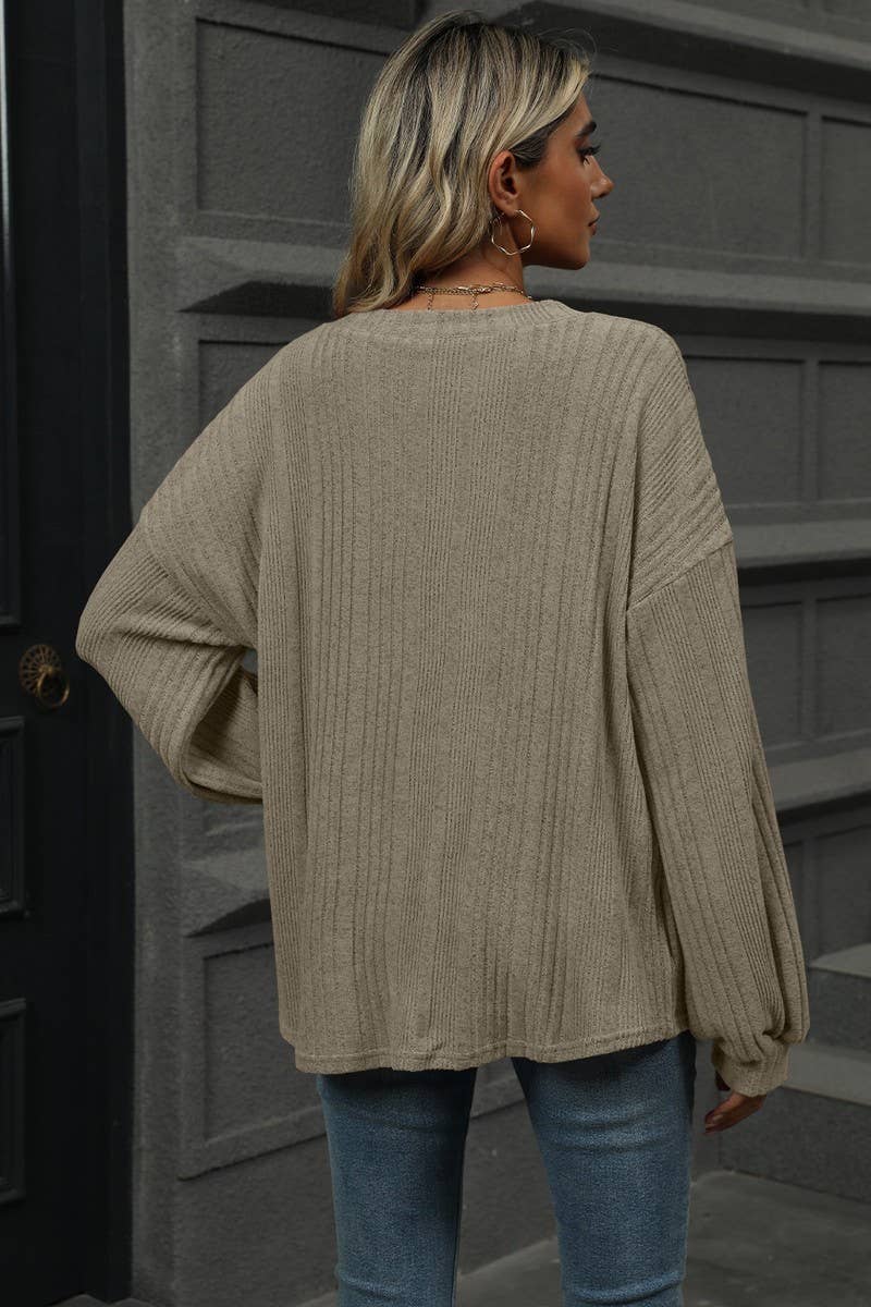 CWTBLL1868_SOLID COLOR V-NECK LOOSE RIBBED LONG-SLEEVED TOP