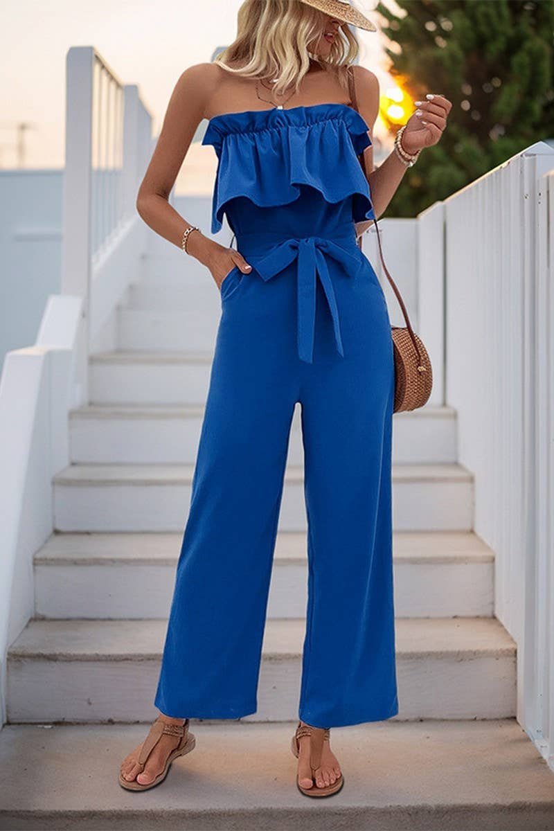 CWSJS1320_SUMMER SLEEVELESS SOLID COLOR TUBE TOP JUMPSUIT