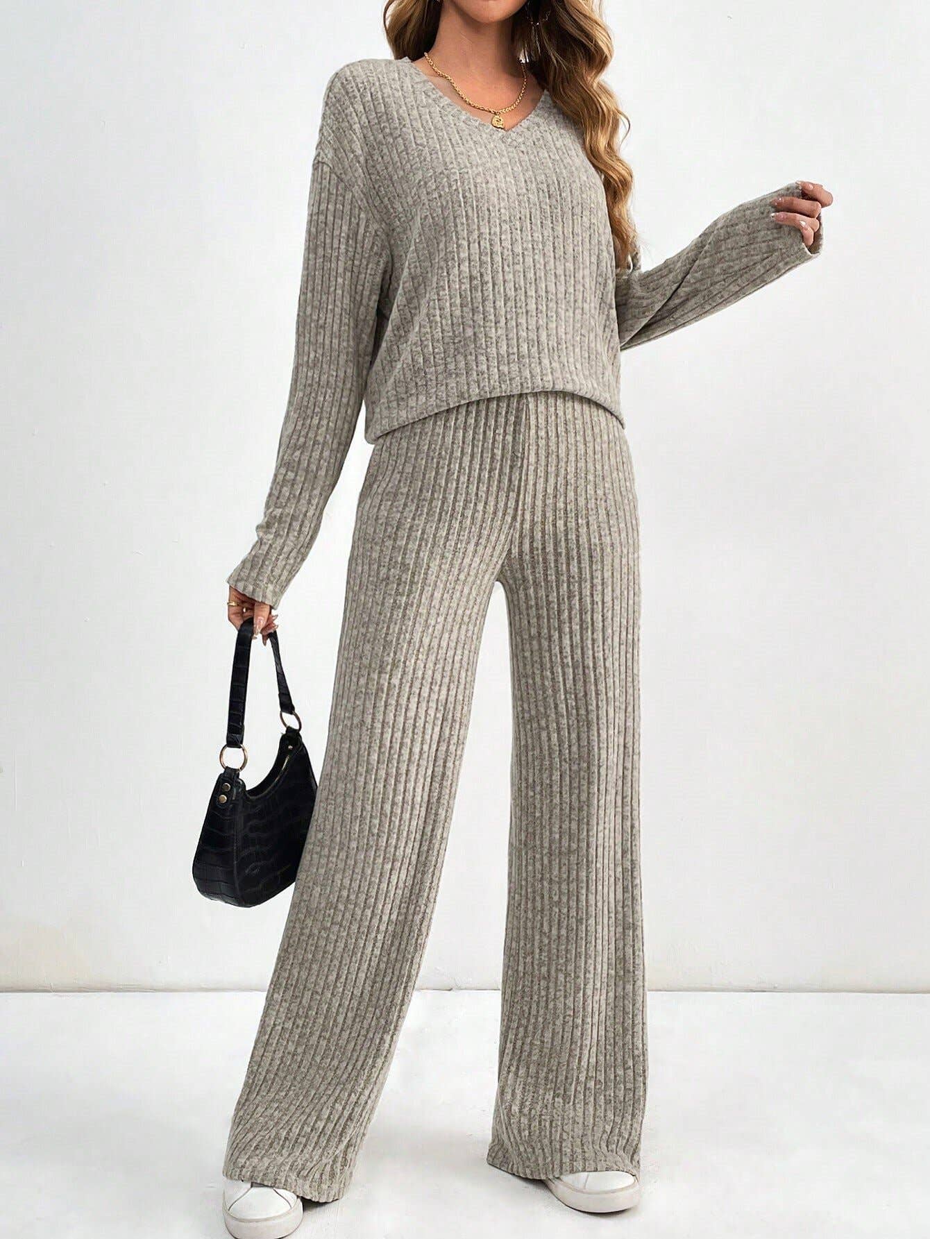 Casual straight-leg pants V-neck striped suit