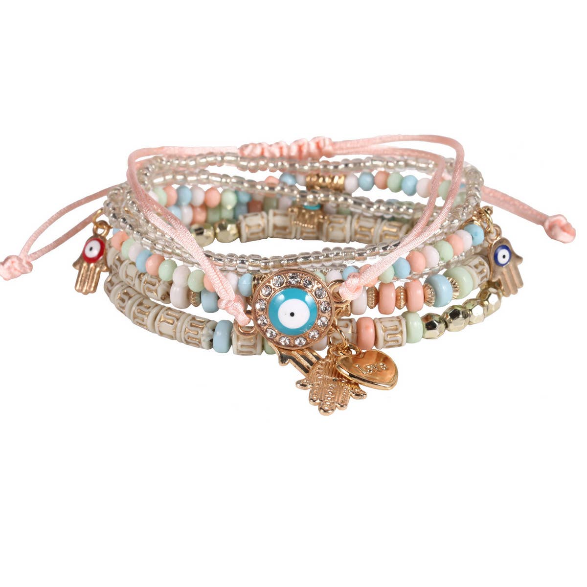 HANDMADE BEADED EVIL EYE LAYERED BRACELET