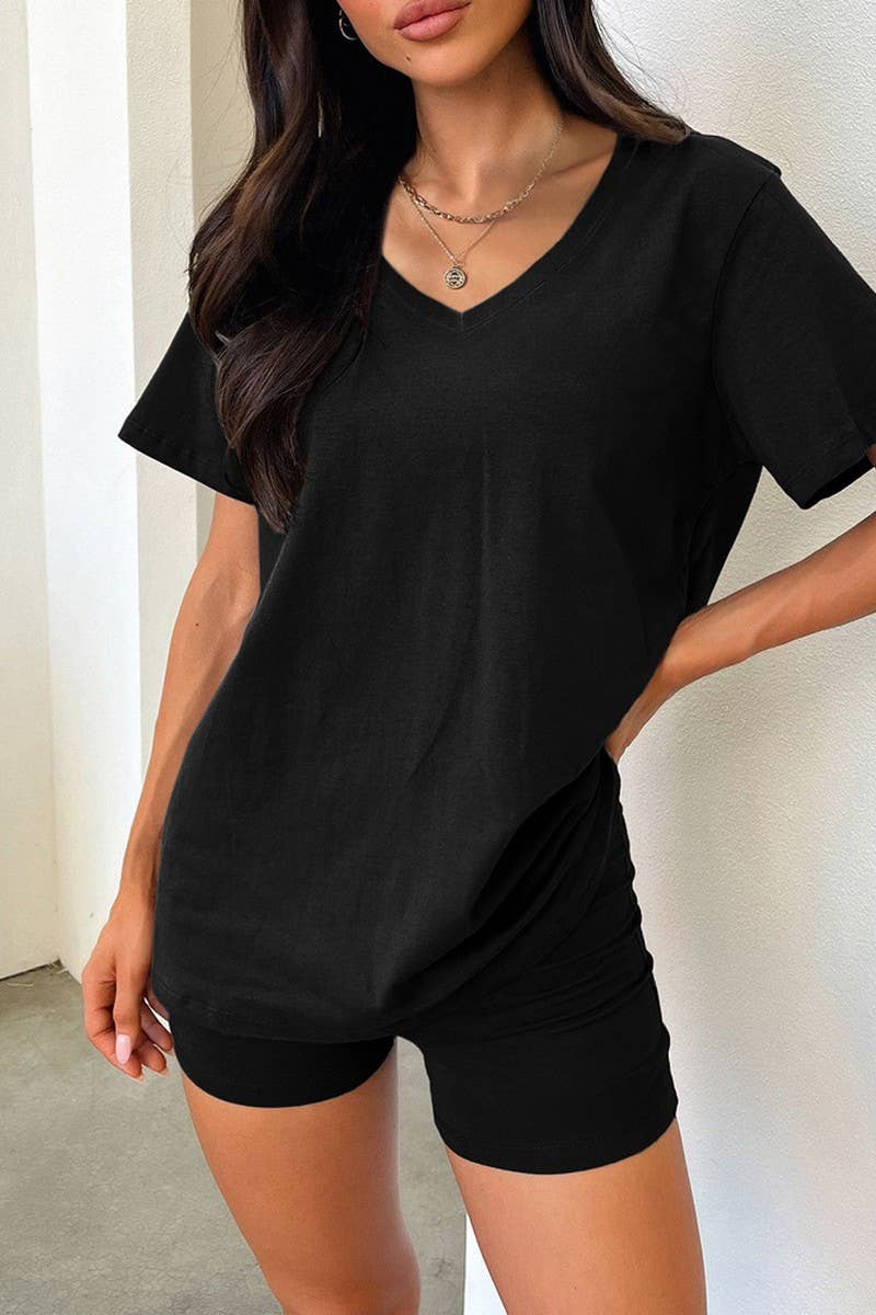 CWSTB2103_V NECK CASUAL ELEGANT SOLID TWO-PIECE SET