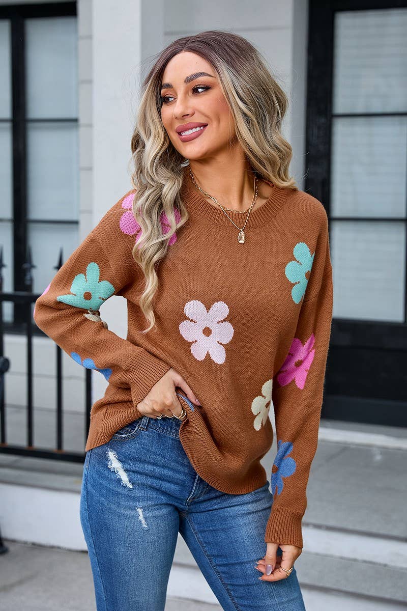 CWOSWL3074_FLORAL COLORBLOCK CASUAL CREWNECK SWEATER