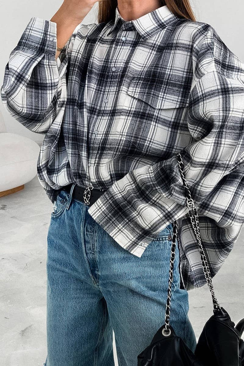 CWTBLL00617_RETRO BLACK AND WHITE PLAID LONG-SLEEVED SHIRT