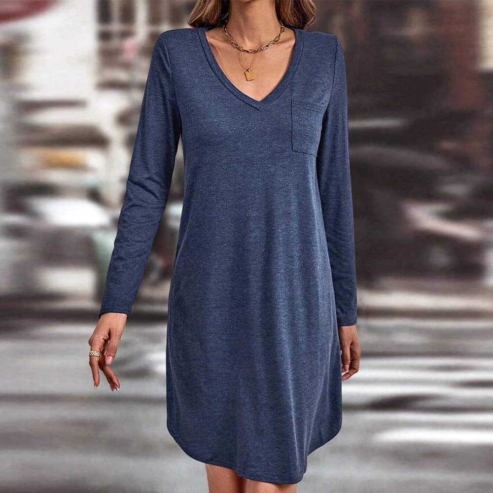 CASUAL V-NECK SOLID COLOR SIMPLE DRESS