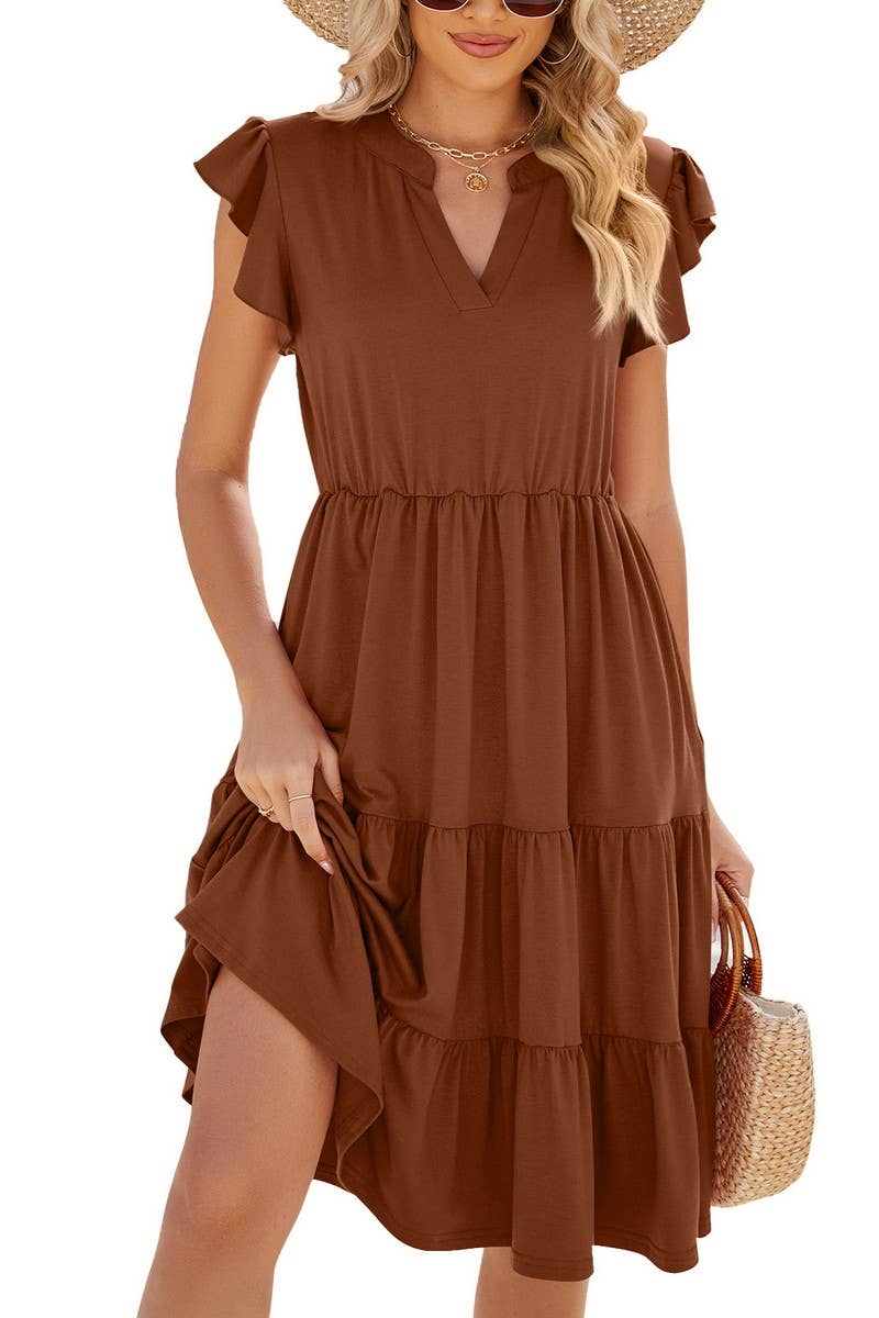 CWDMD2224_V-NECK RUFFLE SLEEVE SOLID COLOR CASUAL DRESS
