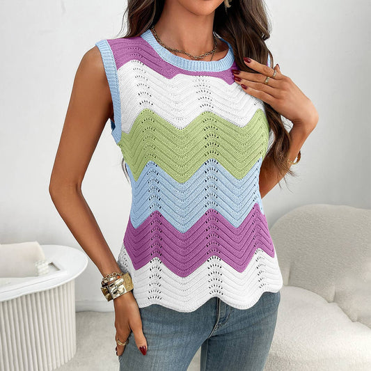 Contrasting color wavy round-neck pullover vest