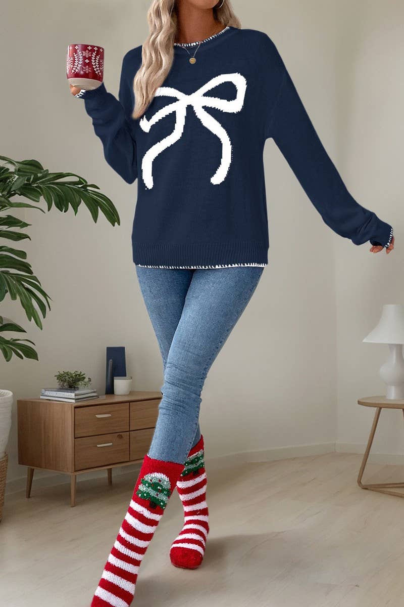 CWOSWL5861_BOW LONG SLEEVE CREWNECK CHRISTMAS SWEATER