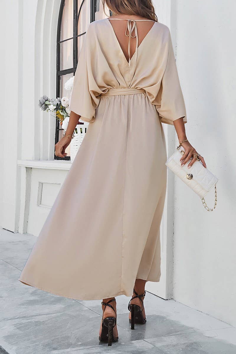 CWDMD1334_V-Neck 3/4 Sleeve With Belt Maxi Dresses