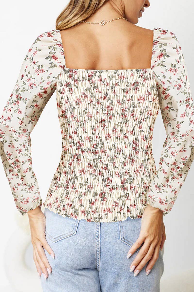 CWTBLL3996_SQUARE NECK FLORAL LONG SLEEVE BLOUSE