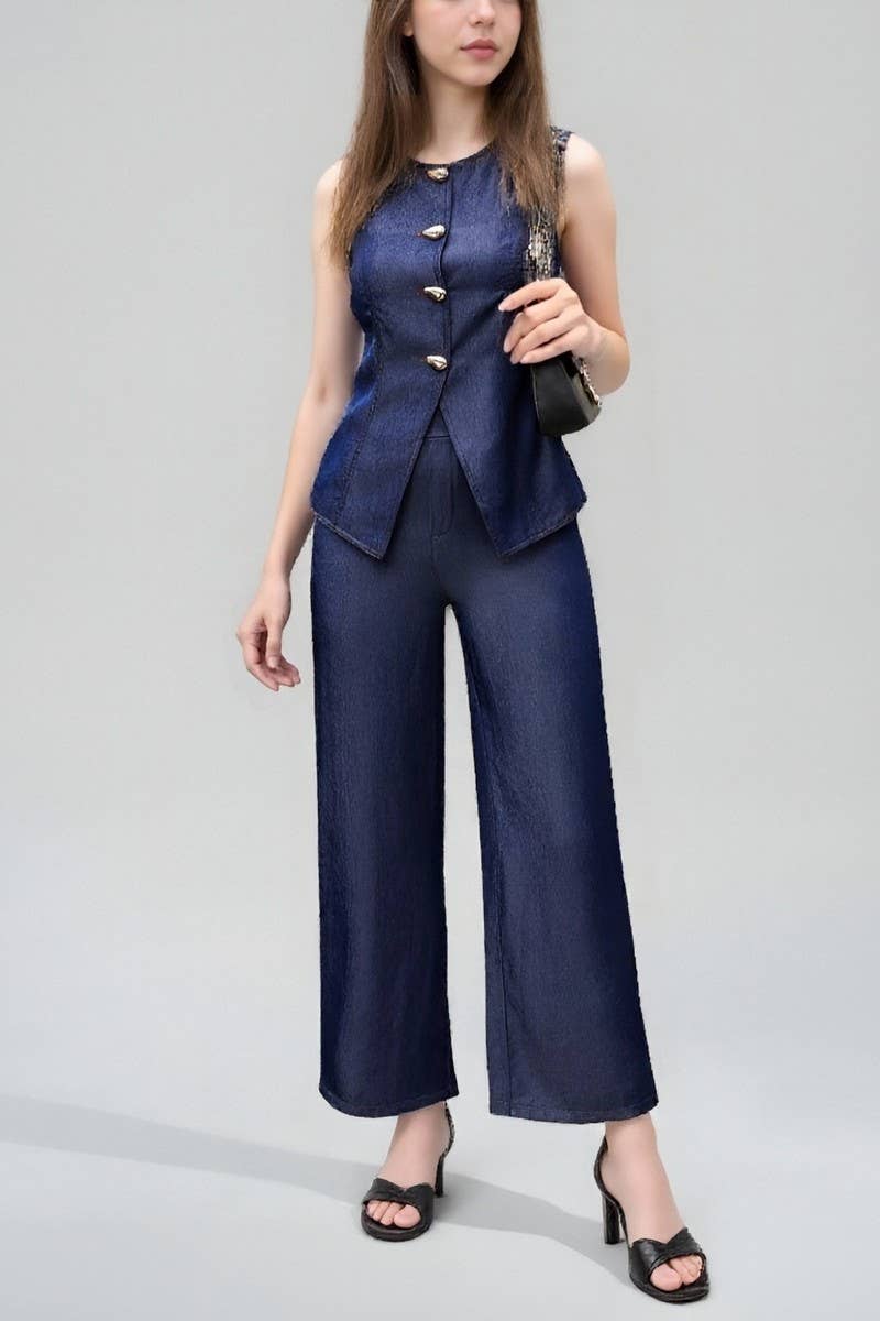 CWSTB2137_DENIM-LOOK BUTTON VEST & HIGH-WAIST PANTS SET