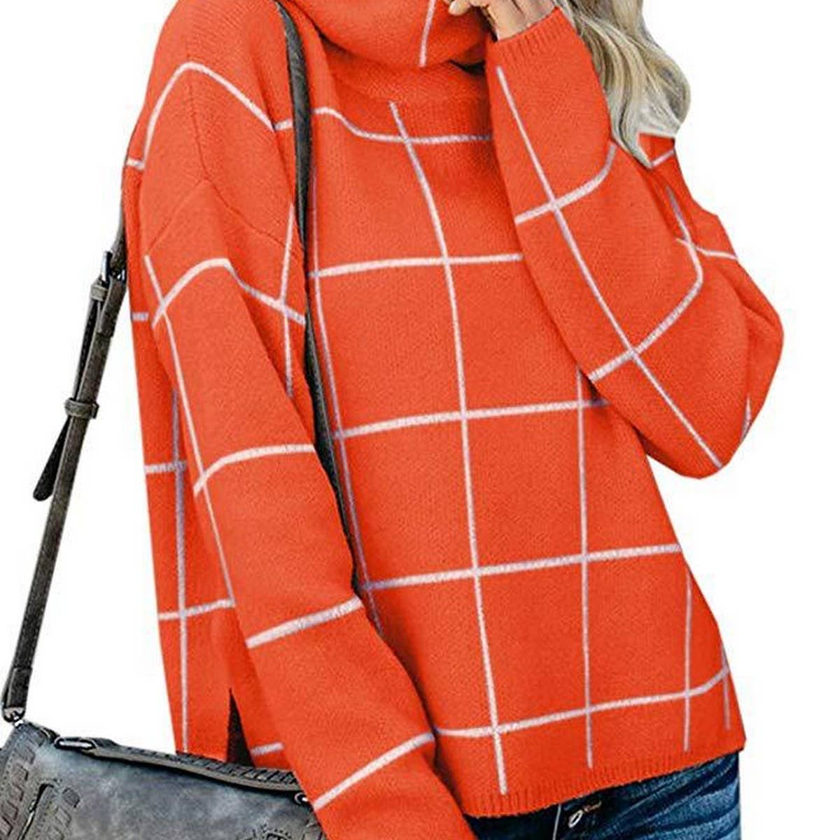 Check knit turtleneck sweater