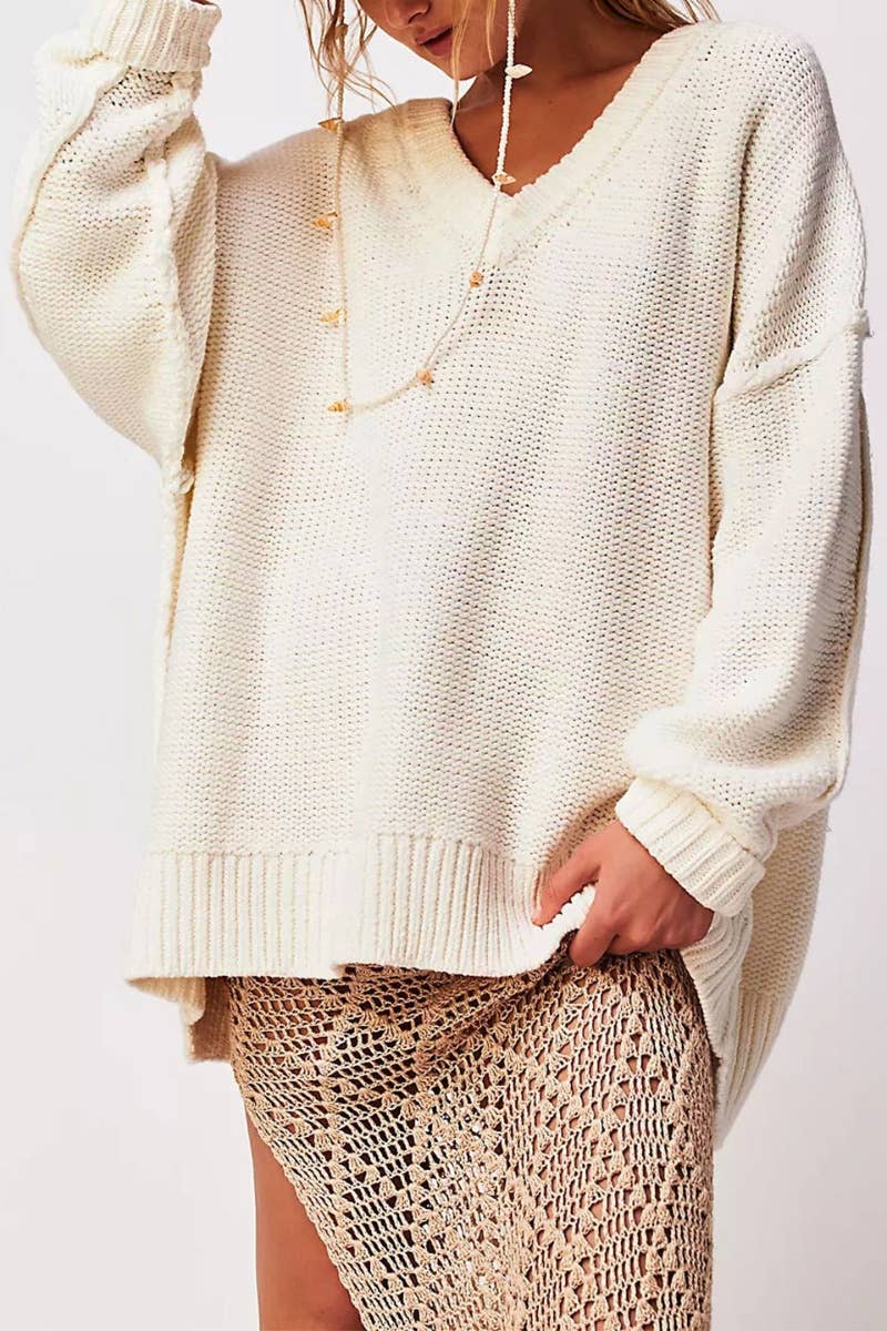 CWOSWL5839_STYLISH V-NECK LONG-SLEEVED PULLOVER SWEATER