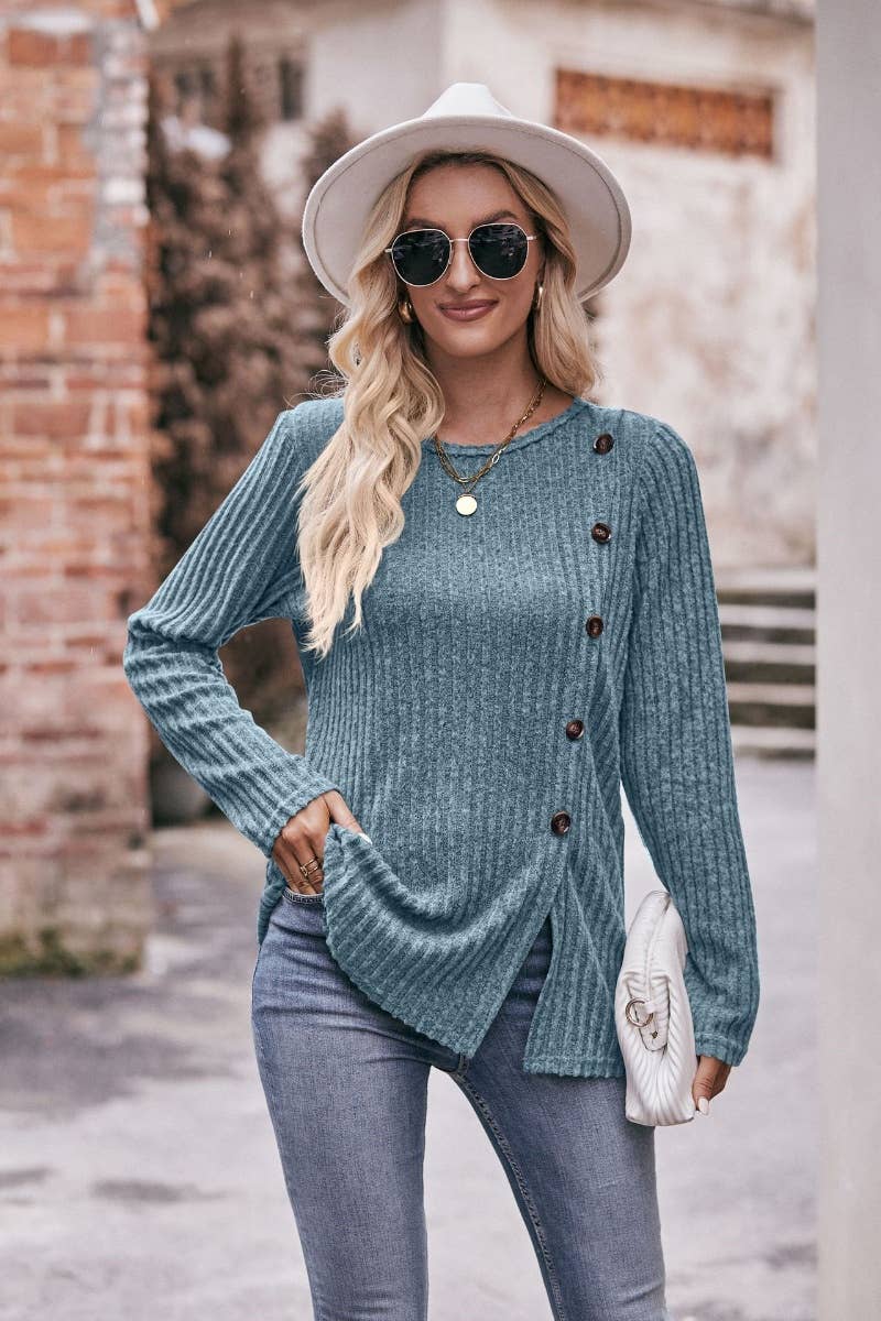 CWOSWL6468_CREW-NECK LONG-SLEEVED SWEATER WITH SPLIT BUTTONS
