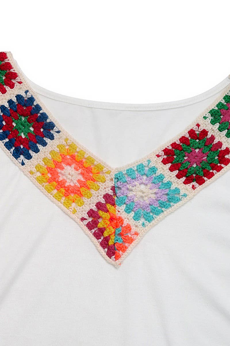 CWTBLS1859_BOHO V-NECK SHORT SLEEVE COLORFUL CROCHET TOP