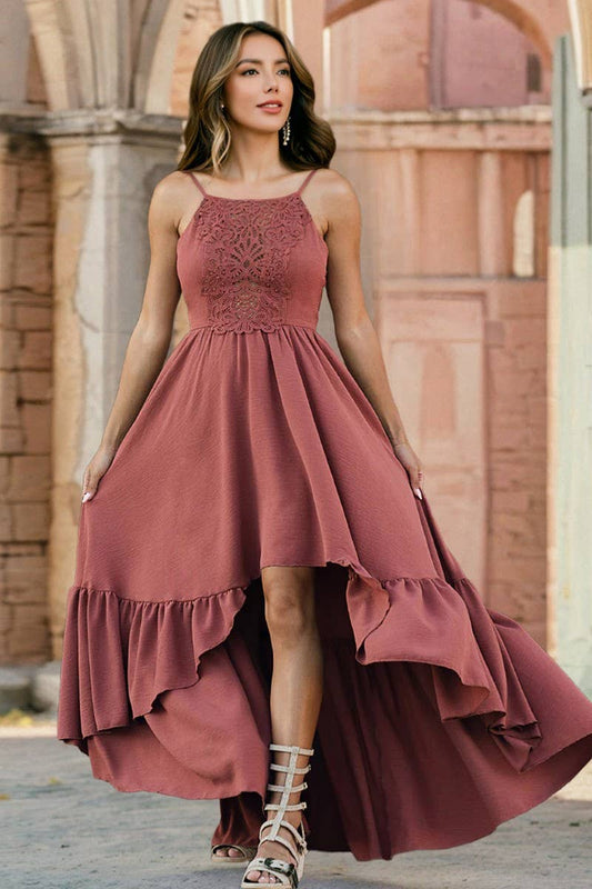 CWDMD6183_LACE TRIM ASYMMETRICAL A-LINE CAMI DRESS