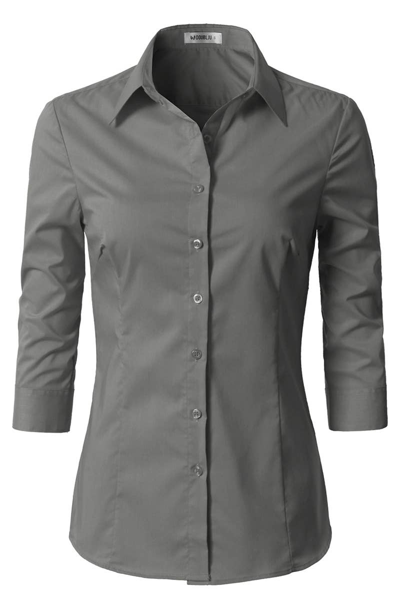 CWTSTS116_Basic Slim Fit Simple 3/4 Sleeve Button Down Shirt