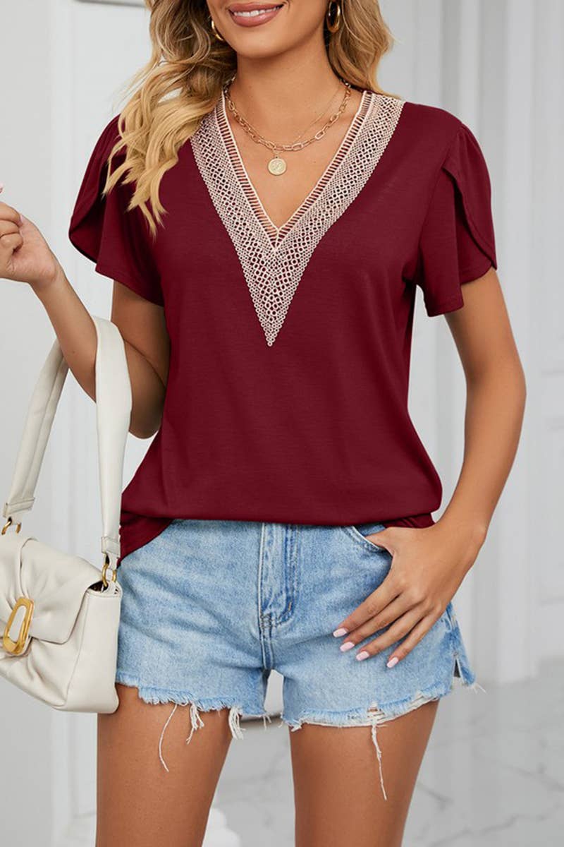 CWTTS1353_SUMMER GOLD LACE V-NECK SHORT SLEEVE T-SHIRT