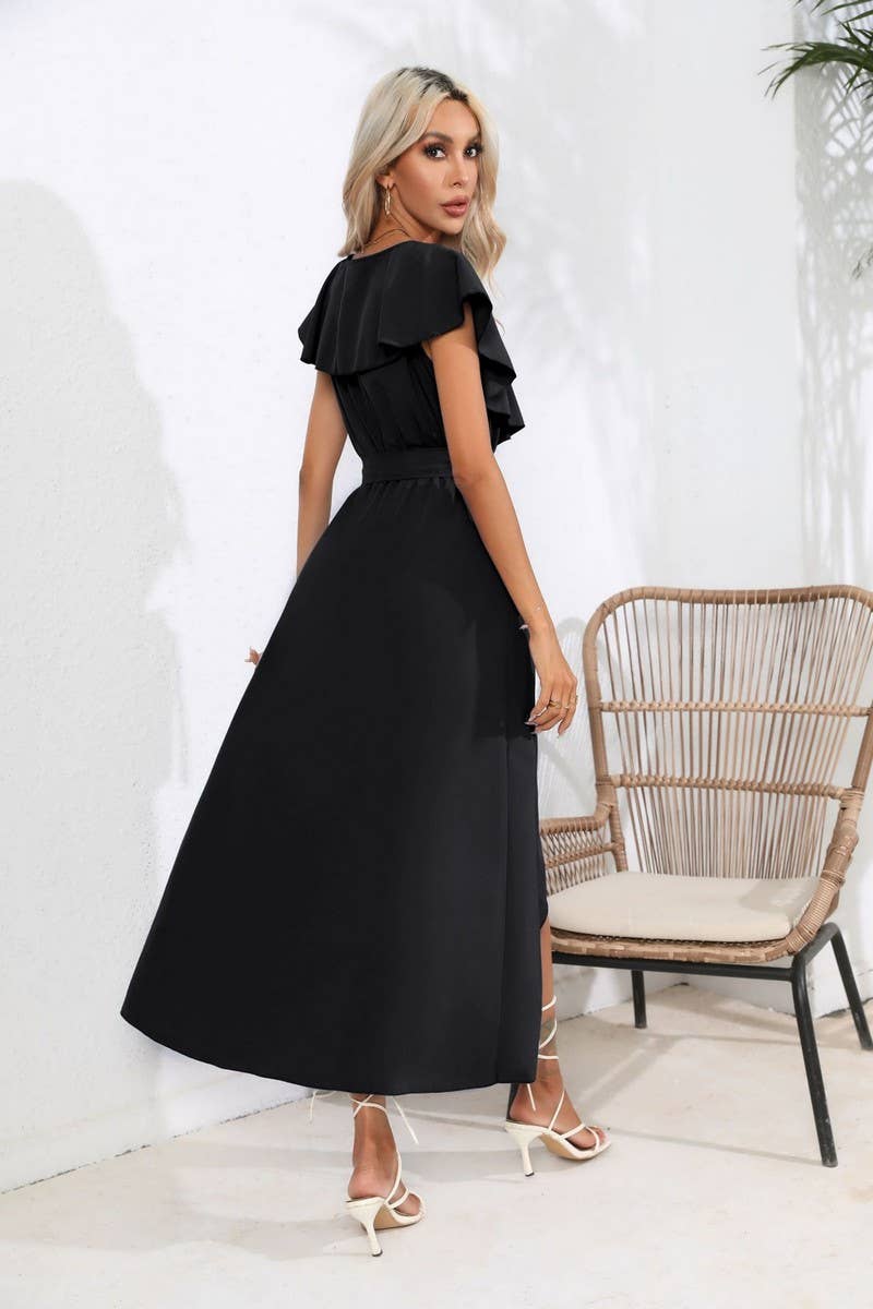 CWDMD1336_V-Neck Short Ruffle Sleeve With Belt Dress