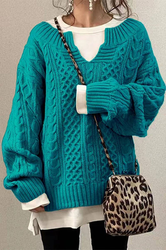 CWOSWL07652_SOLID COLOR LOOSE LONG-SLEEVED CABLE SWEATER
