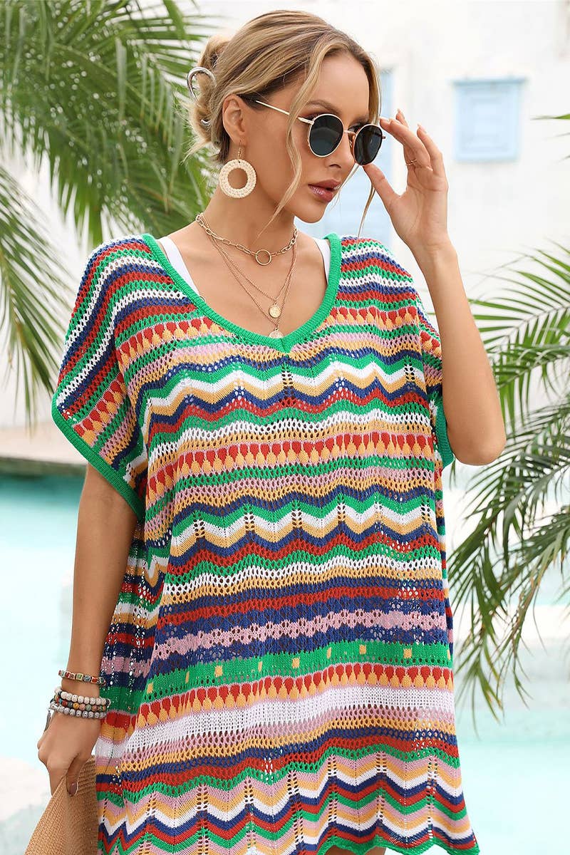 CWTBLS1747_SUMMER COLORFUL HOLLOW BEACH SWIMSUIT COVER UP