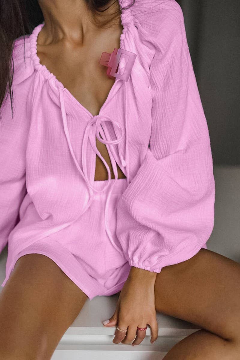 CWSPJ0343_LOOSE COTTON LONG SLEEVE SHORTS PAJAMA SET