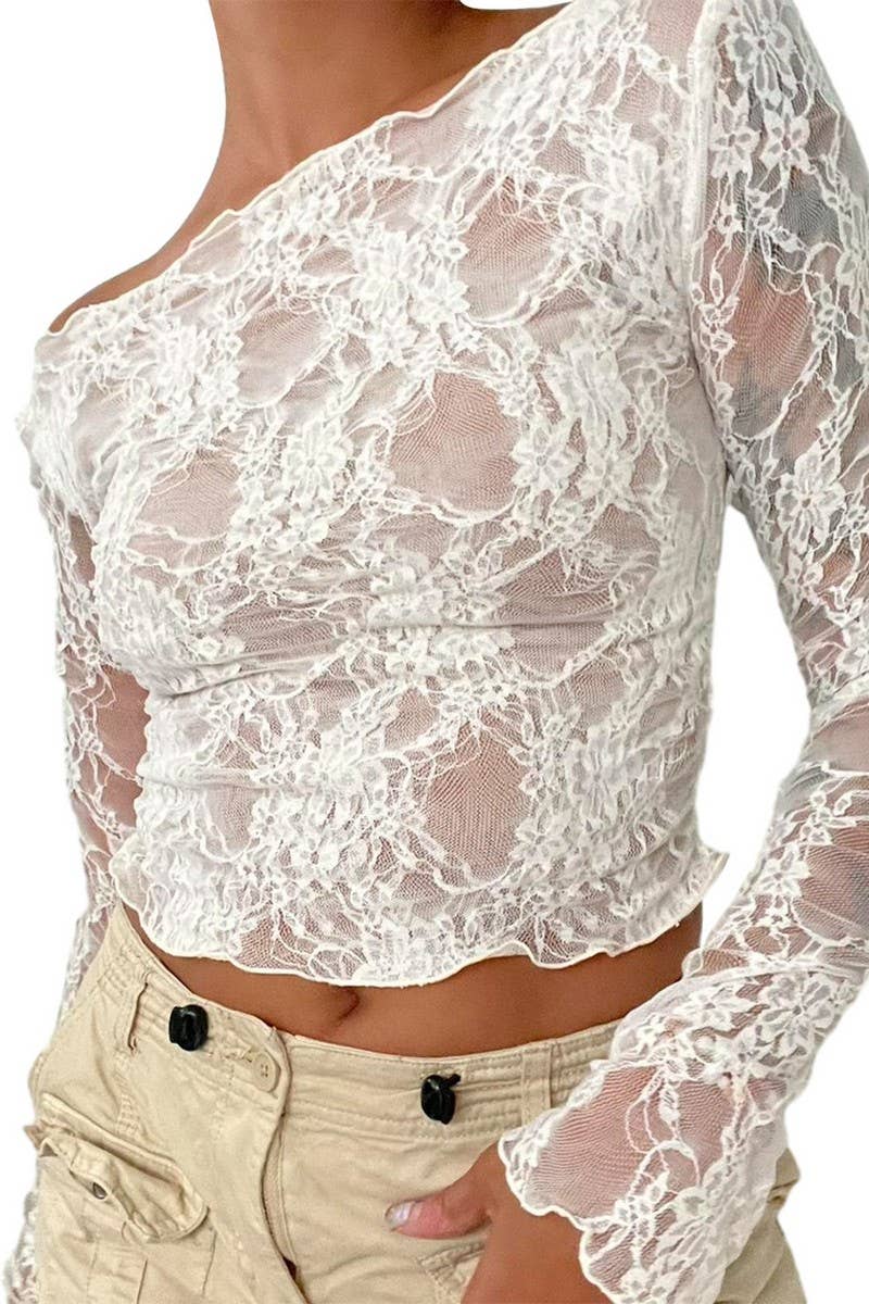 CWTBLL1194_SOLID COLOR LACE STITCHING LONG SLEEVE TOP