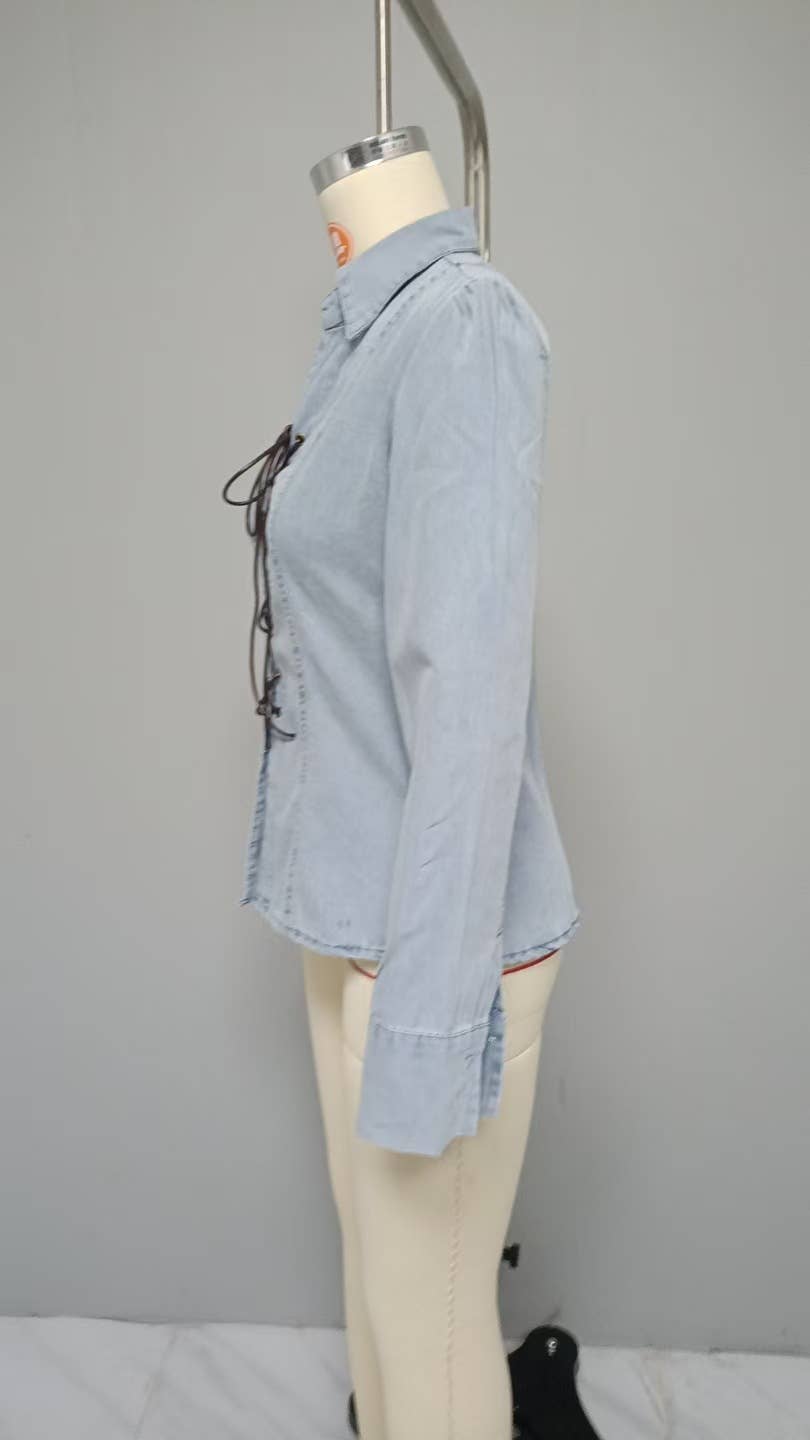 DESIGN LACE-UP LONG SLEEVE SLIT WAIST DENIM SHIRT