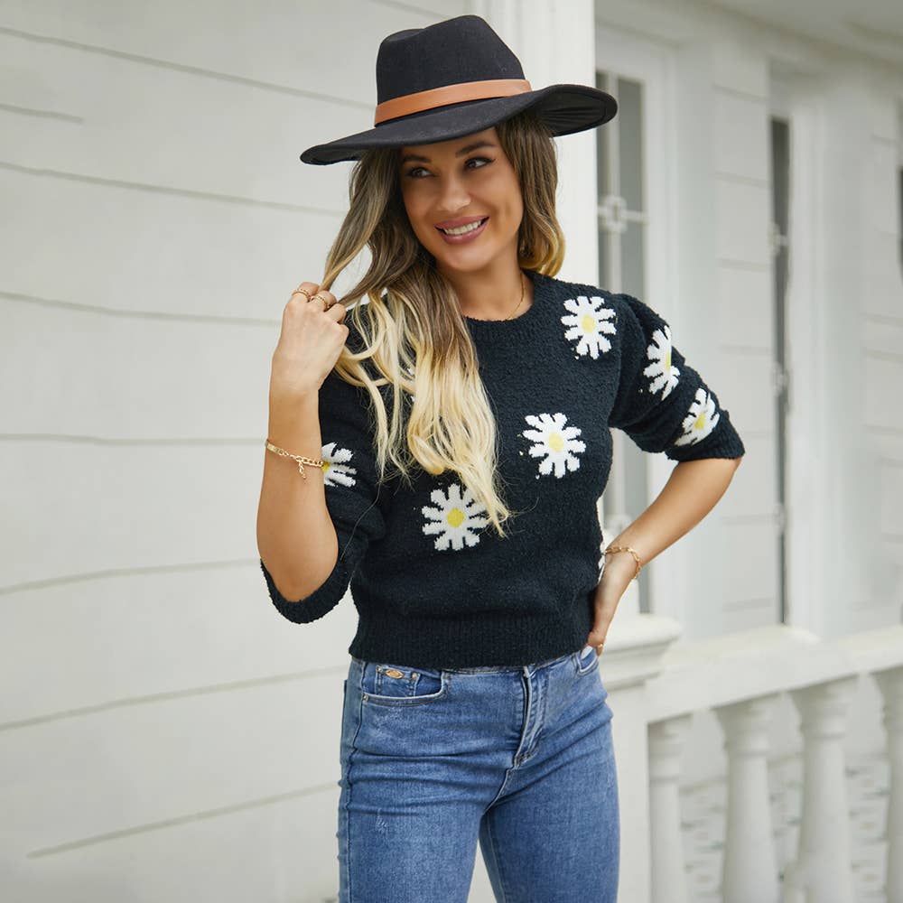 DAISIES ROUND NECK FLOWER KNIT FASHION SWEATER