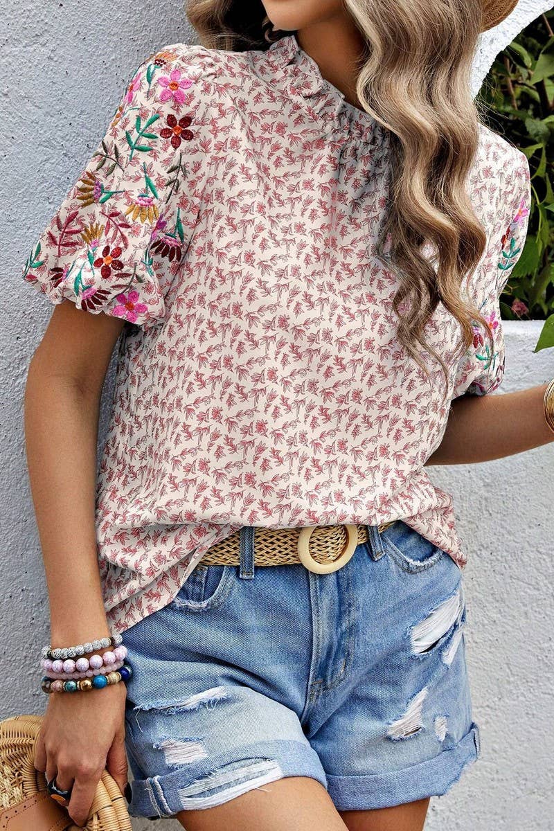 CWTTS1377_NEW SUMMER EMBROIDERY PRINT COLOR BLOCK TOP