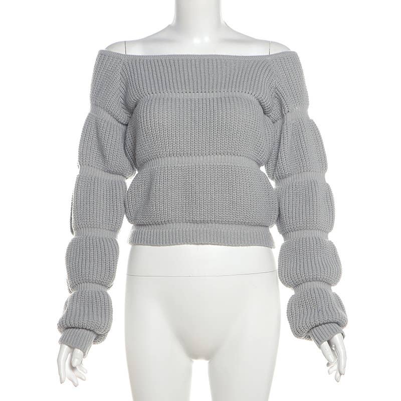 DESIGN SENSE LANTERN SLEEVE SHORT CROP SWEATER