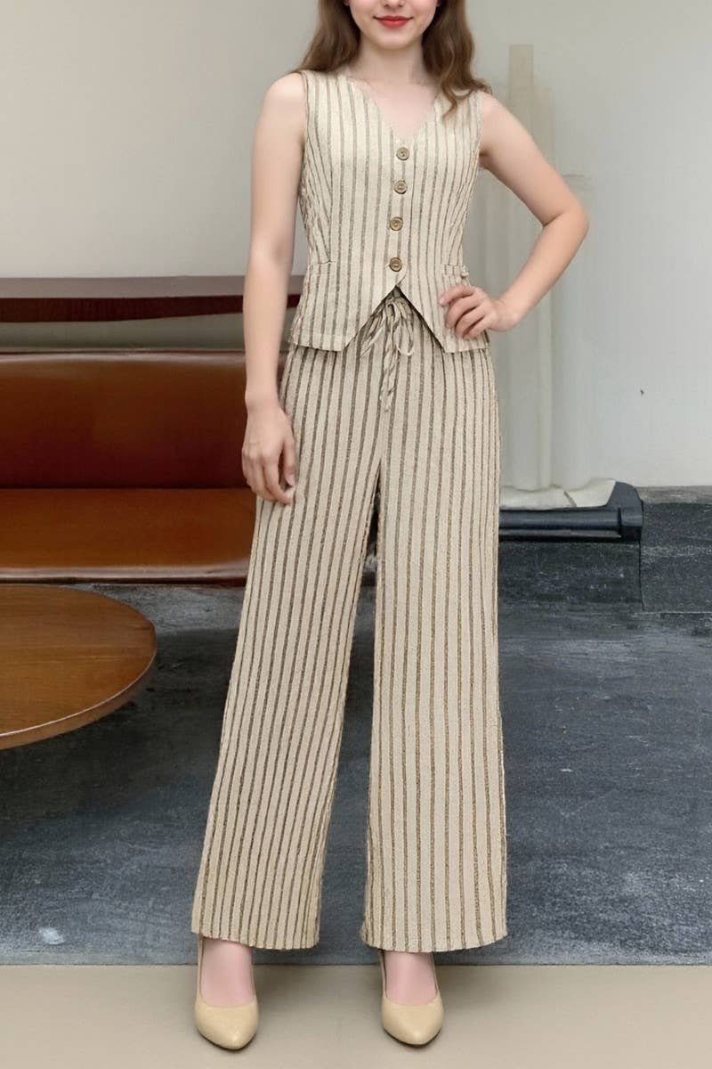 CWSTB2128_SLEEVELESS VEST & STRIPED ELASTIC WAIST PANTS SET
