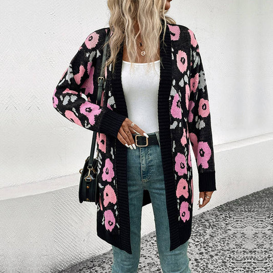 FLORAL JACQUARD LONG KNIT CARDIGAN WITHOUT BUTTON