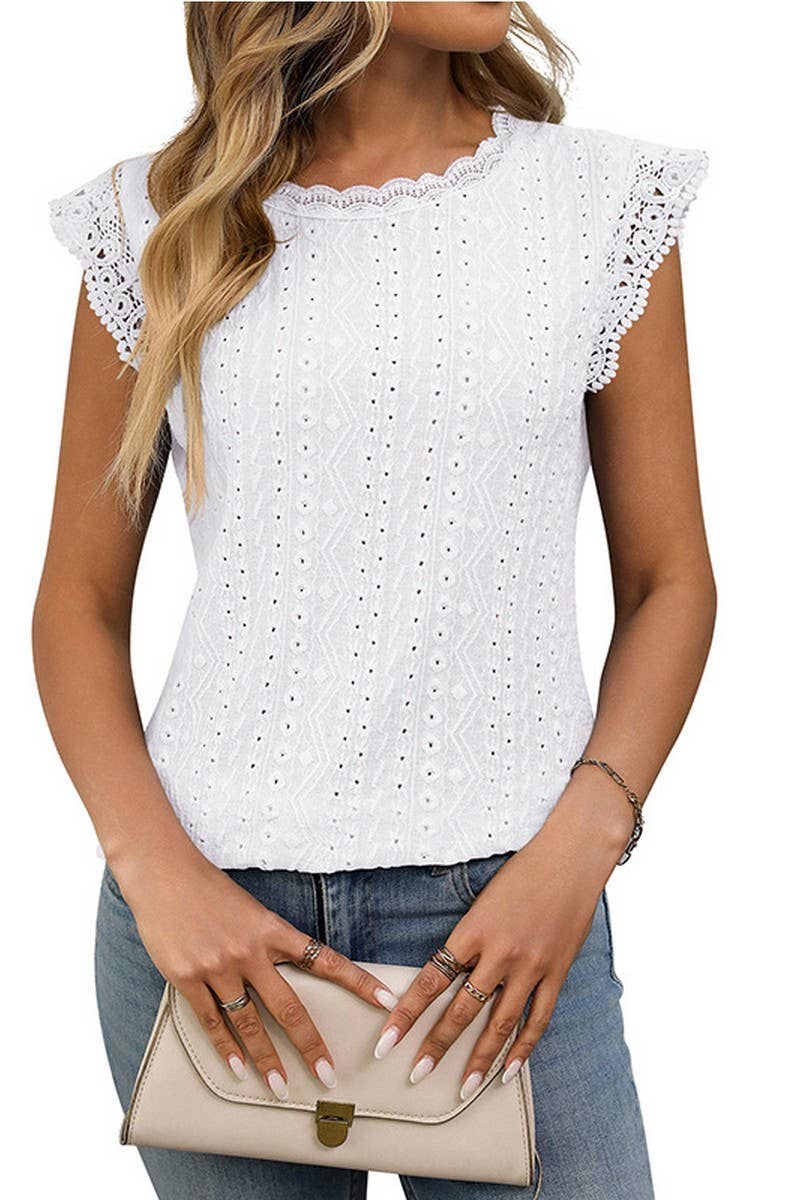 CWTBLS1619_SOLID COLOR ROUND NECK LACE STITCHING HOLLOW TOP