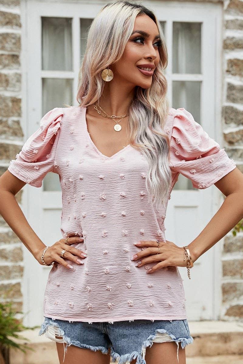 CWTBLS0358_V-Neck Short Puff Sleeve Blouse