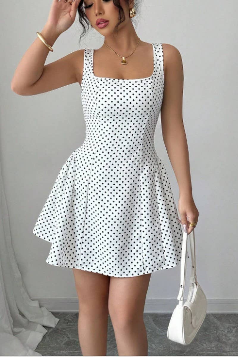 CWDSD10511_PURE DESIRE STYLE SLIM SQUARE NECK POLKA DOT DRES