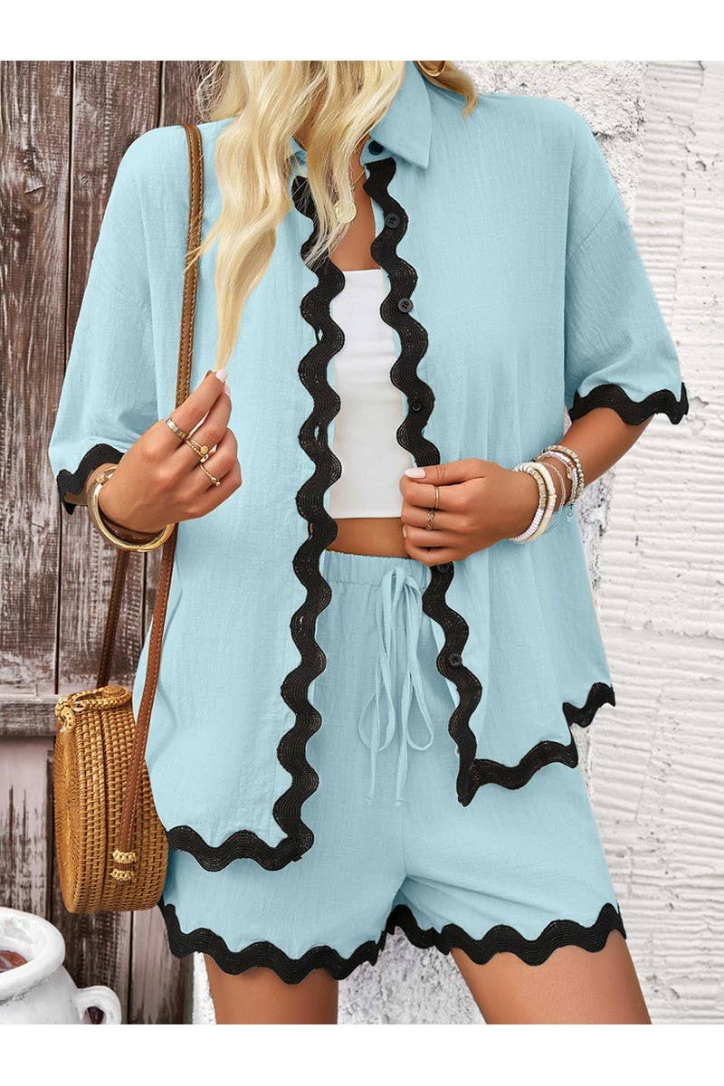 CWSTB0684_Casual Lace Shirt Shorts Set