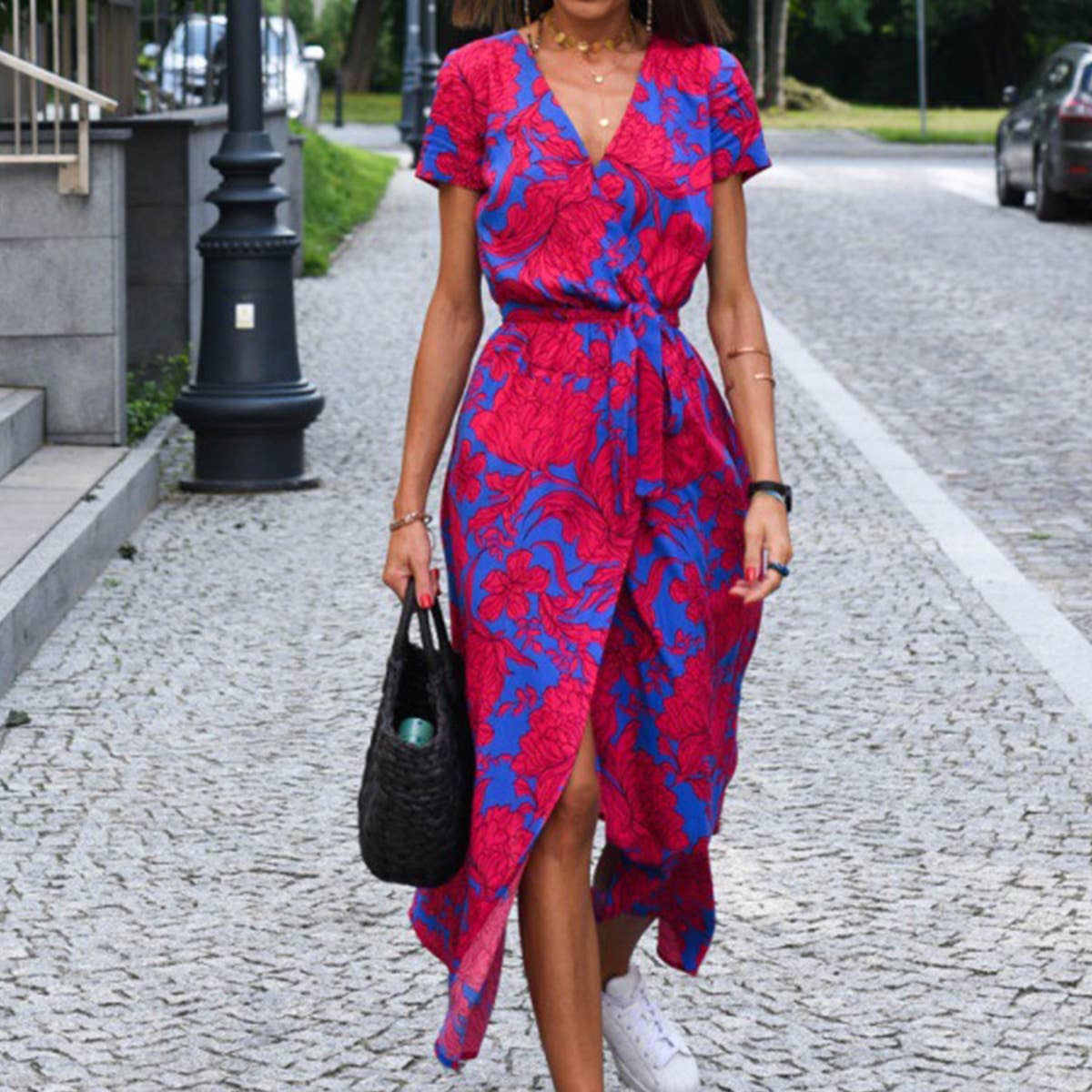 Abstract print V-neck lace-up long slit dress