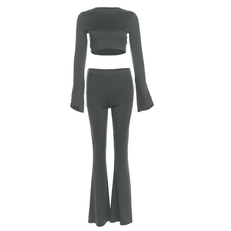 Bell Sleeve Crop Top & High Waist Flare Pants Set