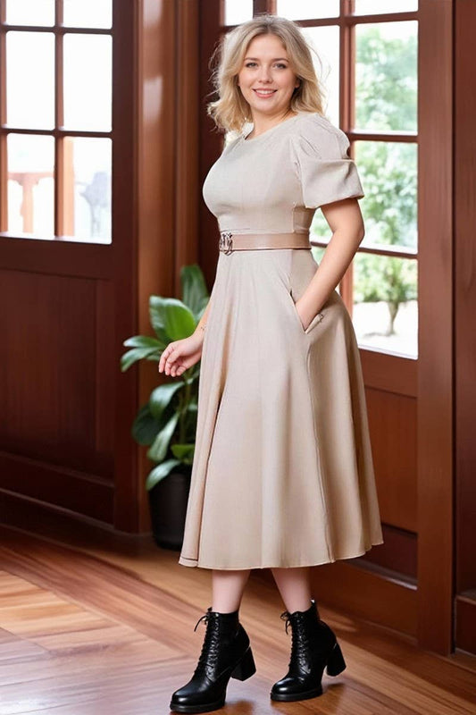 CWDMD01255_WOMEN PUFF SLEEVE ROUND NECK A LINE MIDI DRESS