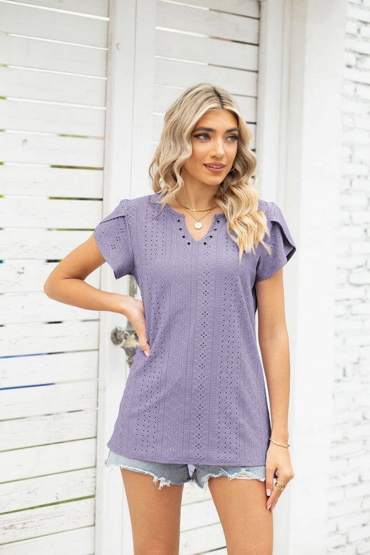 CWTBLS0878_V-NECK BUTTONED CUTOUT LOOSE SHORT-SLEEVED TOP